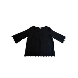 Hyde Park Black 100% Cotton Eyelet Embroidered Blouse XL 3/4 Sleeve Scallop Hem
